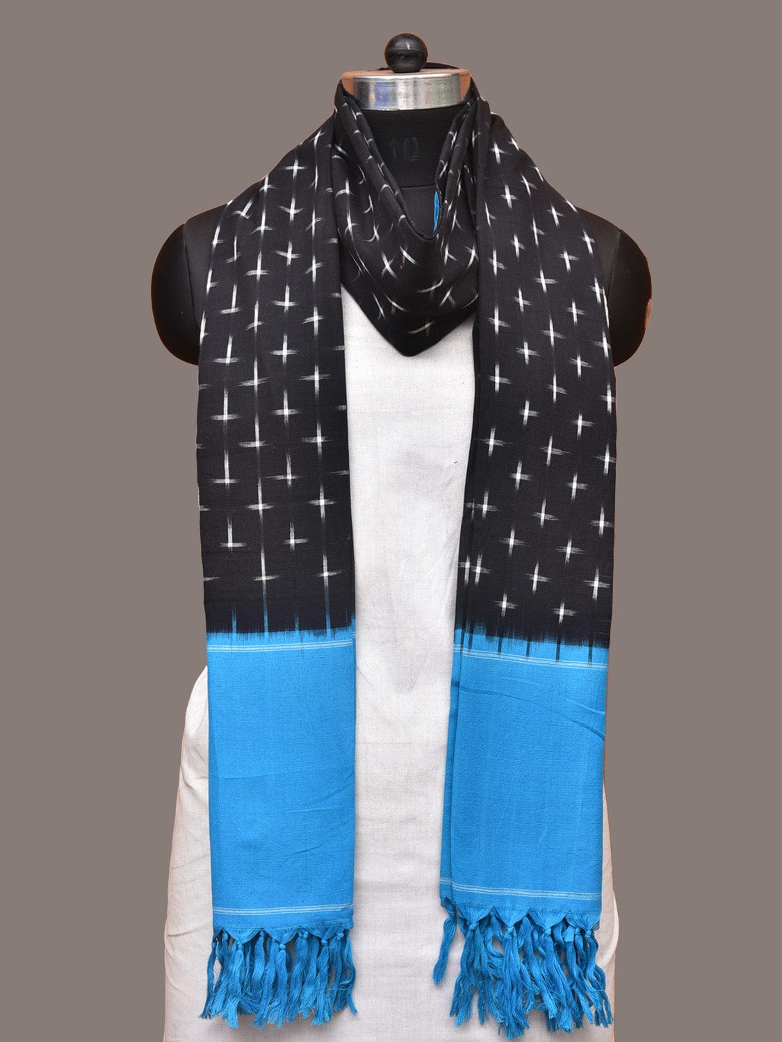 Blue and Black Pochampally Ikat Cotton Handloom Dupatta with Plus Buta Design - Global Threads