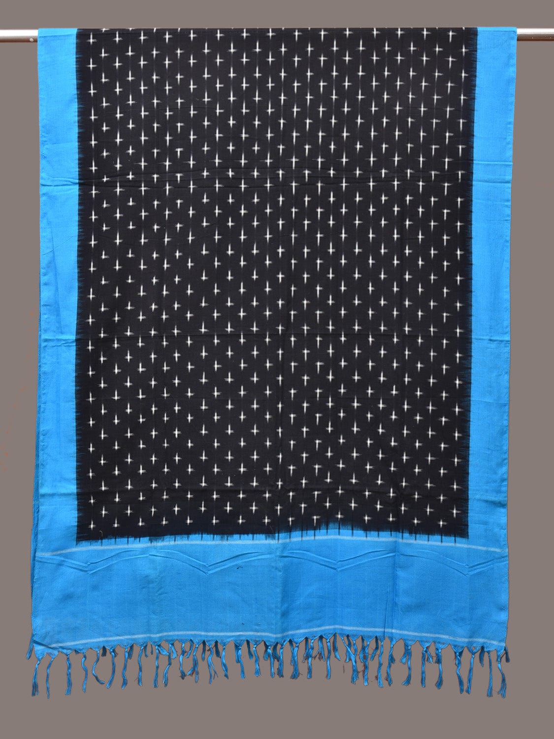 Blue and Black Pochampally Ikat Cotton Handloom Dupatta with Plus Buta Design - Global Threads