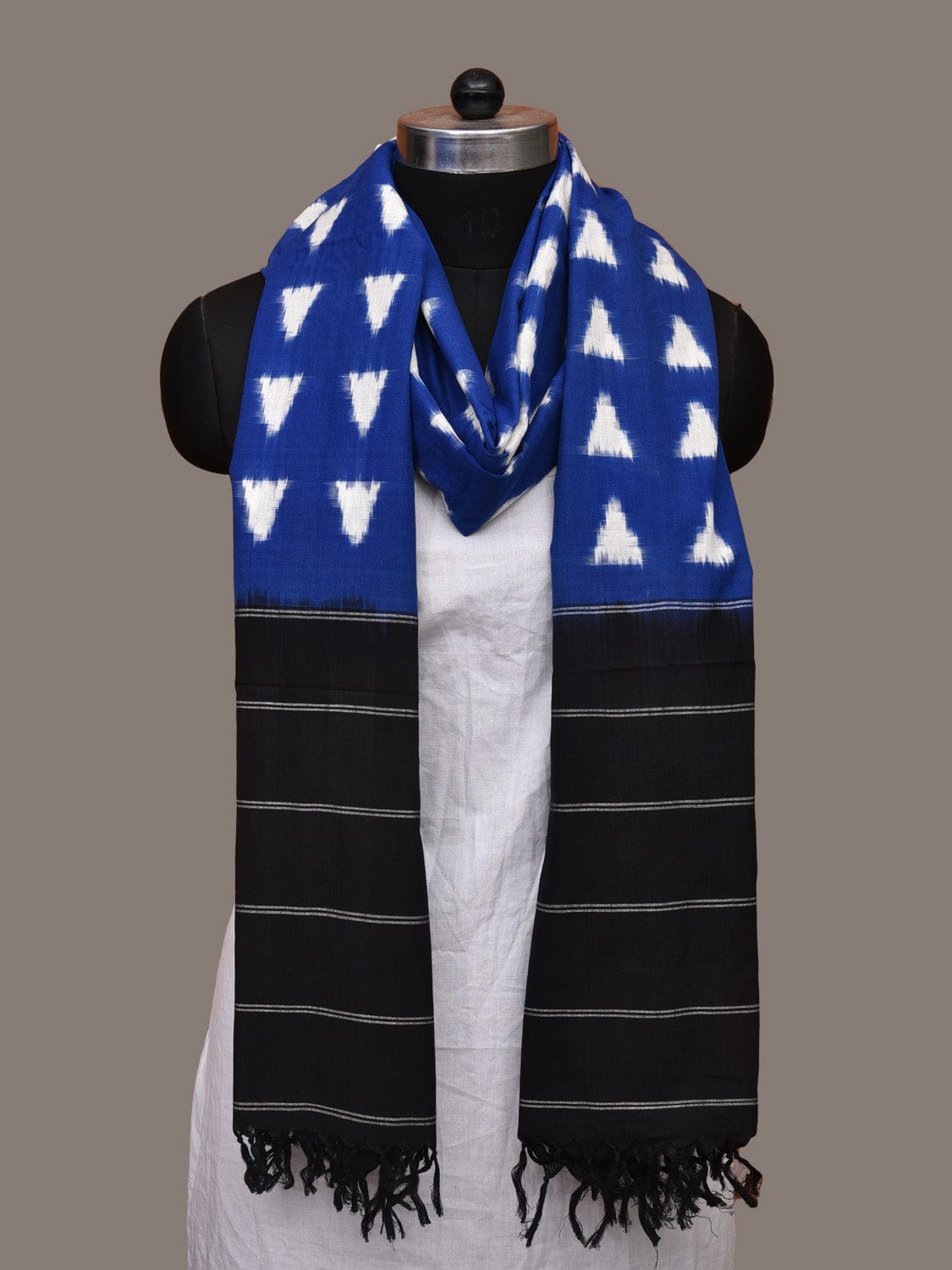 Blue and Black Pochampally Ikat Cotton Handloom Dupatta with Triangle Design - Global Threads