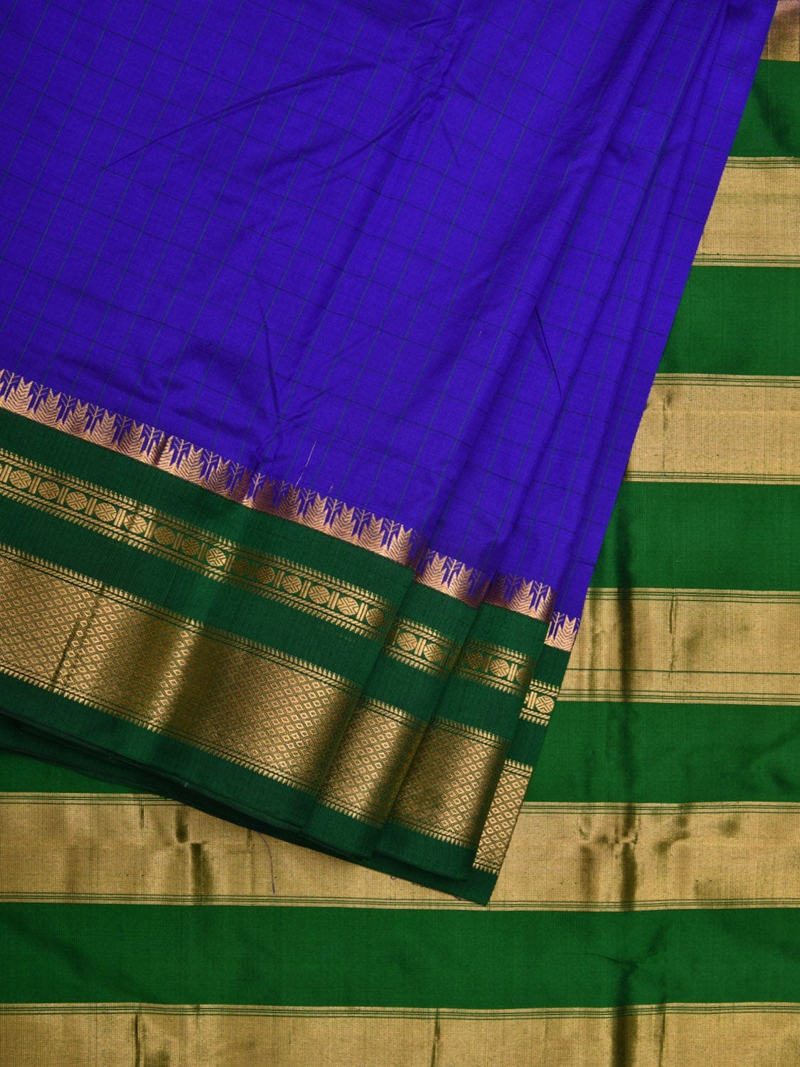 Blue and Green Gadwal Silk Handloom Saree with Checks Design - Global Threads