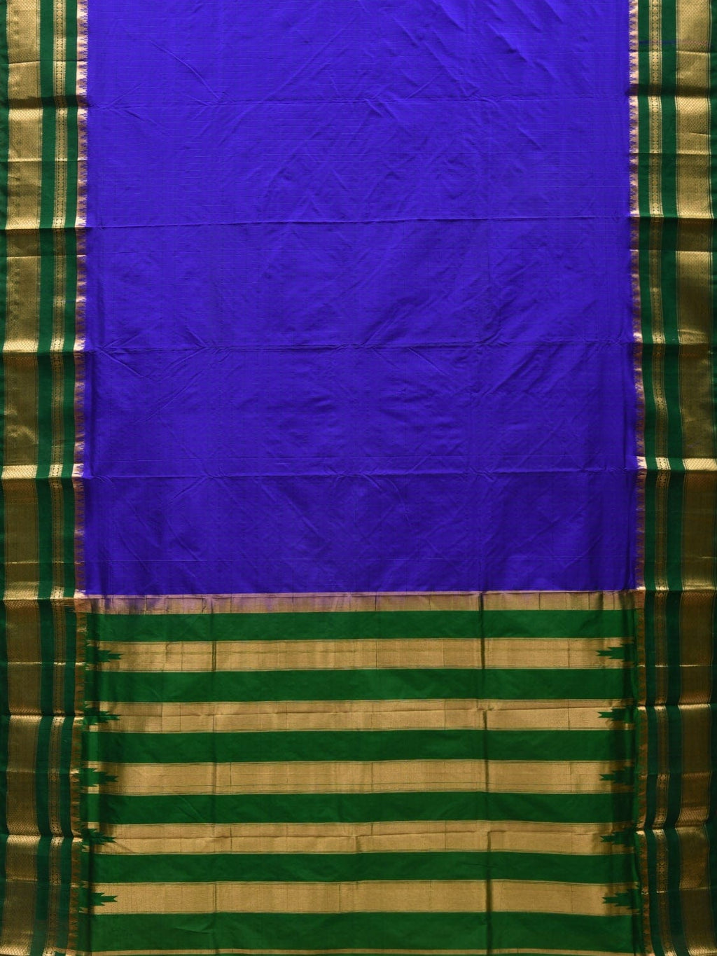 Blue and Green Gadwal Silk Handloom Saree with Checks Design - Global Threads