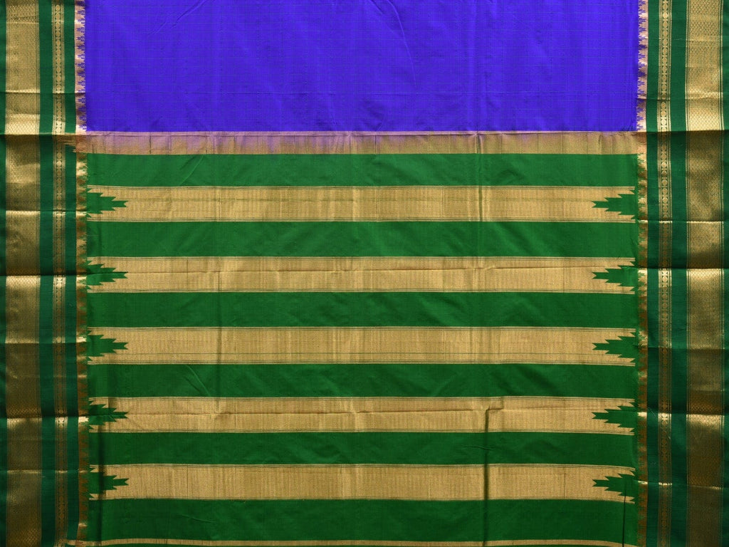 Blue and Green Gadwal Silk Handloom Saree with Checks Design - Global Threads