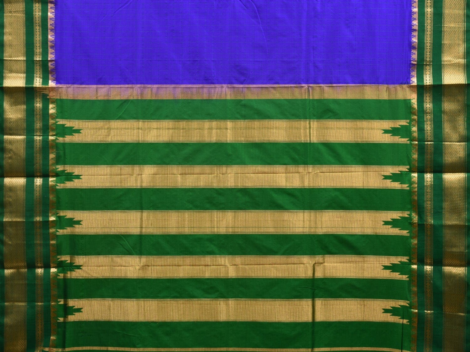 Blue and Green Gadwal Silk Handloom Saree with Checks Design - Global Threads