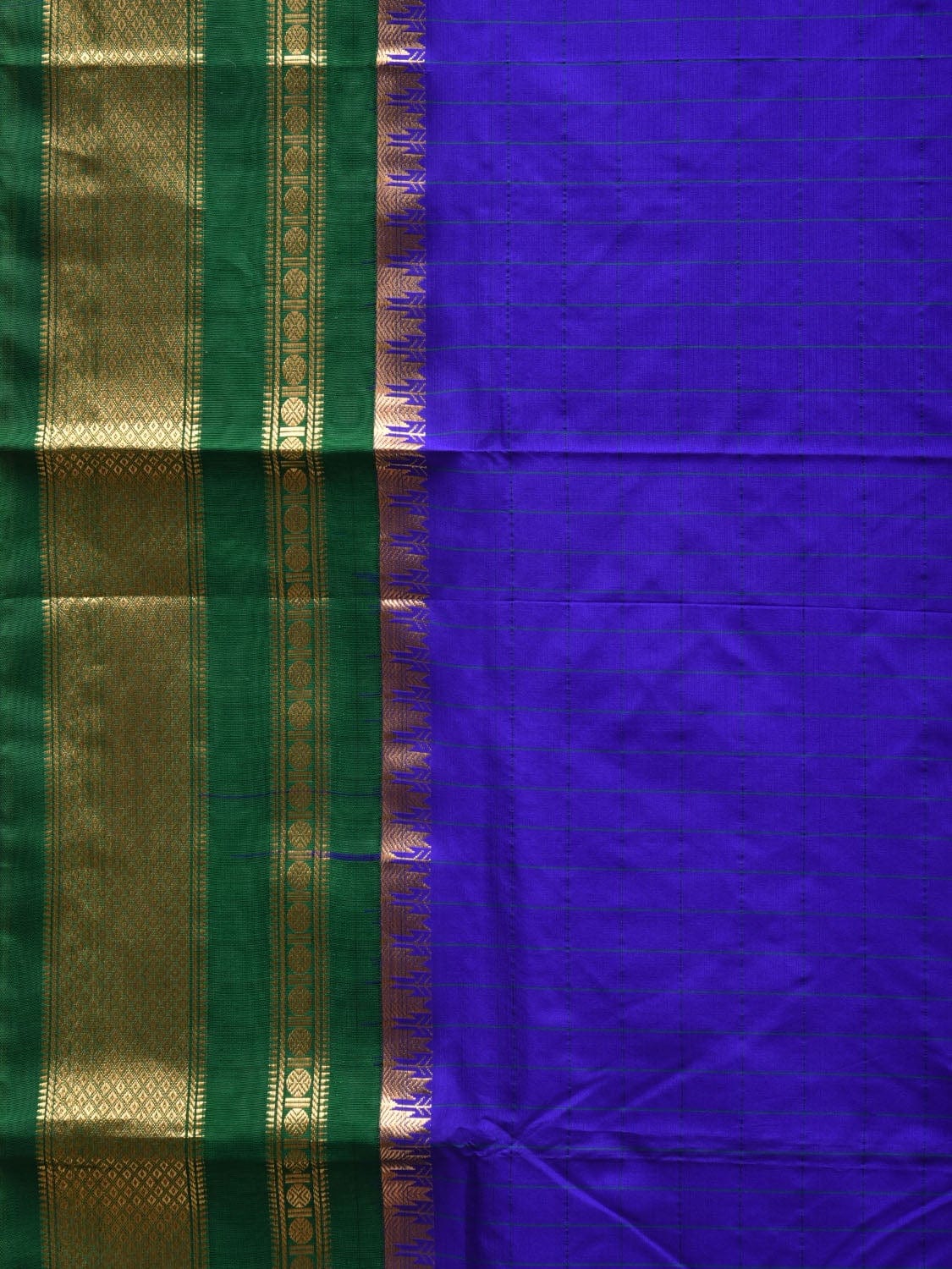 Blue and Green Gadwal Silk Handloom Saree with Checks Design - Global Threads