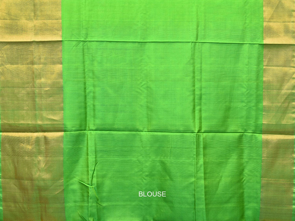 Blue and Green Uppada Silk Handloom Plain Saree with Big Border Design - Global Threads