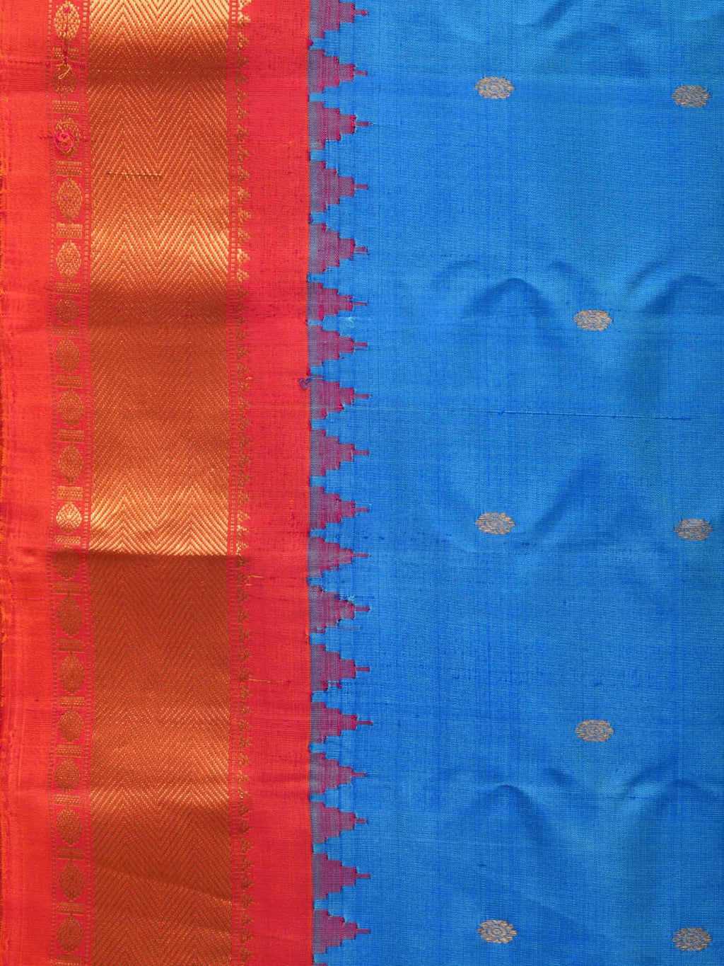 Blue and Red Gadwal Silk Handloom Saree with Mango Pallu Design - Global Threads