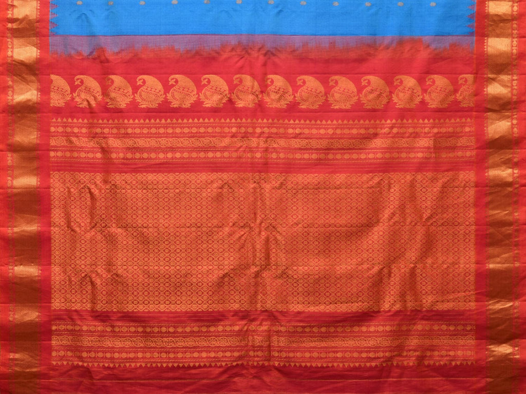 Blue and Red Gadwal Silk Handloom Saree with Mango Pallu Design - Global Threads