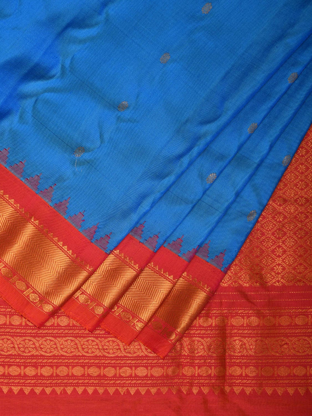 Blue and Red Gadwal Silk Handloom Saree with Mango Pallu Design - Global Threads