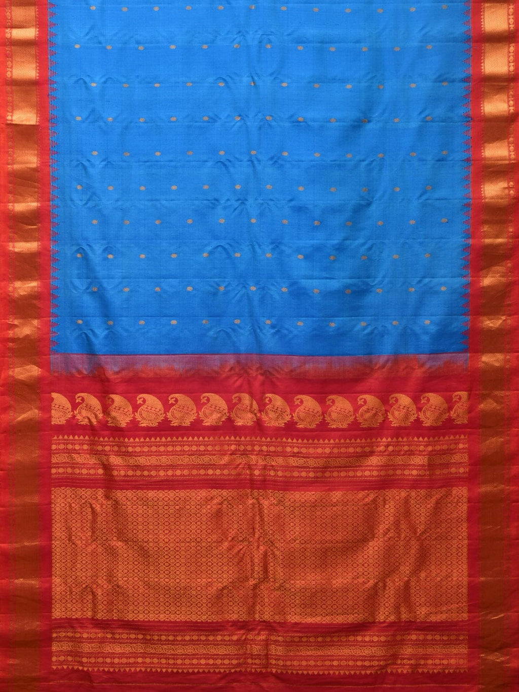 Blue and Red Gadwal Silk Handloom Saree with Mango Pallu Design - Global Threads