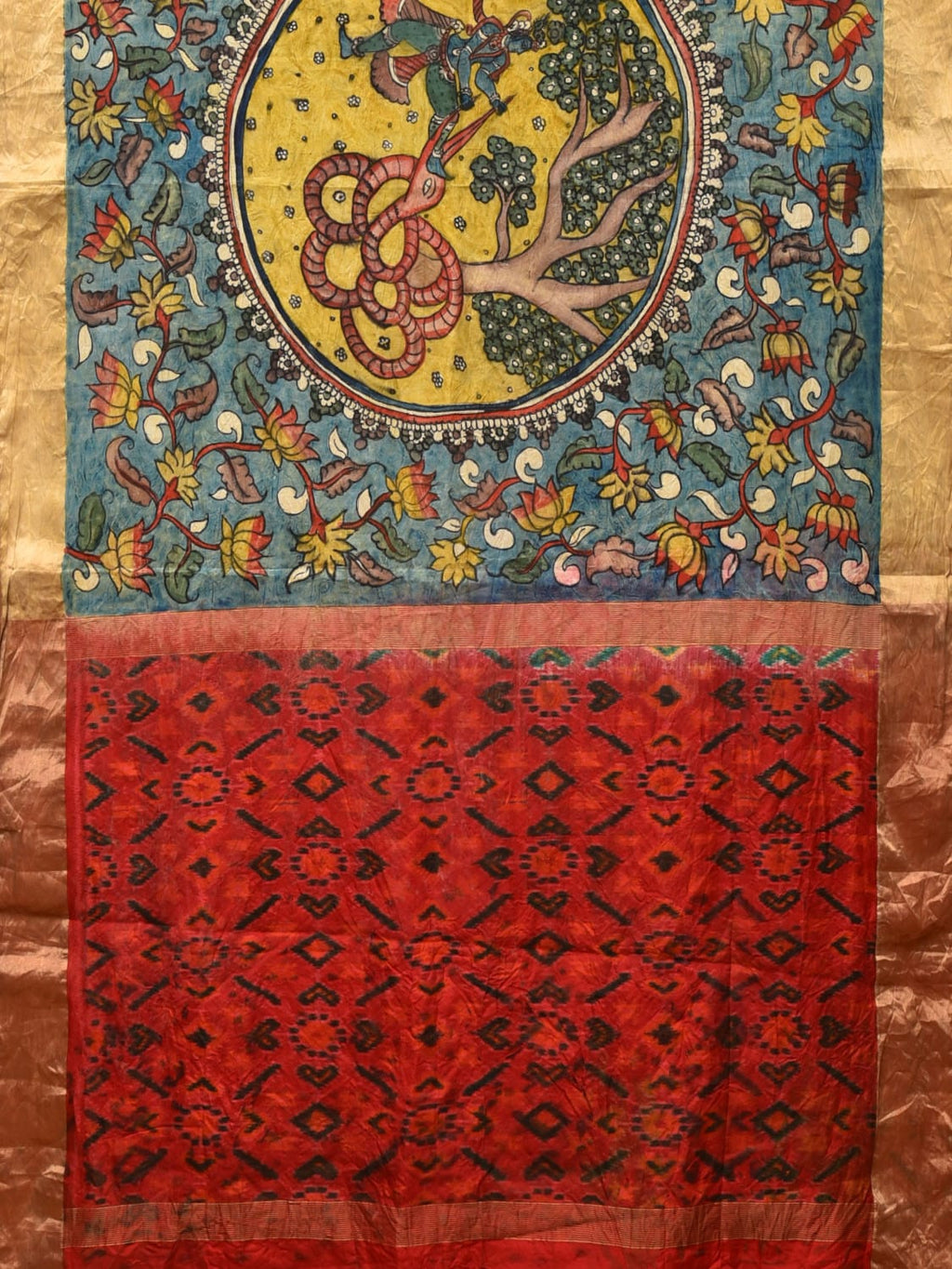 Blue and Red Kalamkari Hand Painted Ikat Silk Handloom Saree with Lotus and Krishna Design - Global Threads