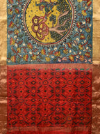 Blue and Red Kalamkari Hand Painted Ikat Silk Handloom Saree with Lotus and Krishna Design - Global Threads