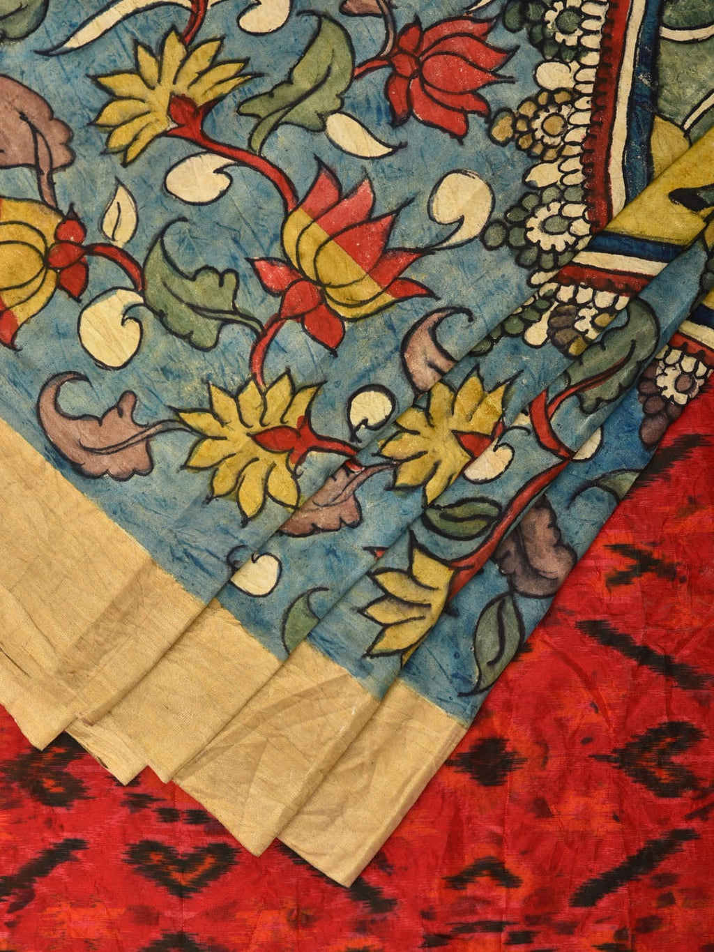 Blue and Red Kalamkari Hand Painted Ikat Silk Handloom Saree with Lotus and Krishna Design - Global Threads