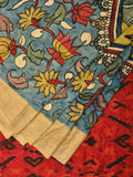 Blue and Red Kalamkari Hand Painted Ikat Silk Handloom Saree with Lotus and Krishna Design - Global Threads