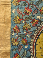 Blue and Red Kalamkari Hand Painted Ikat Silk Handloom Saree with Lotus and Krishna Design - Global Threads