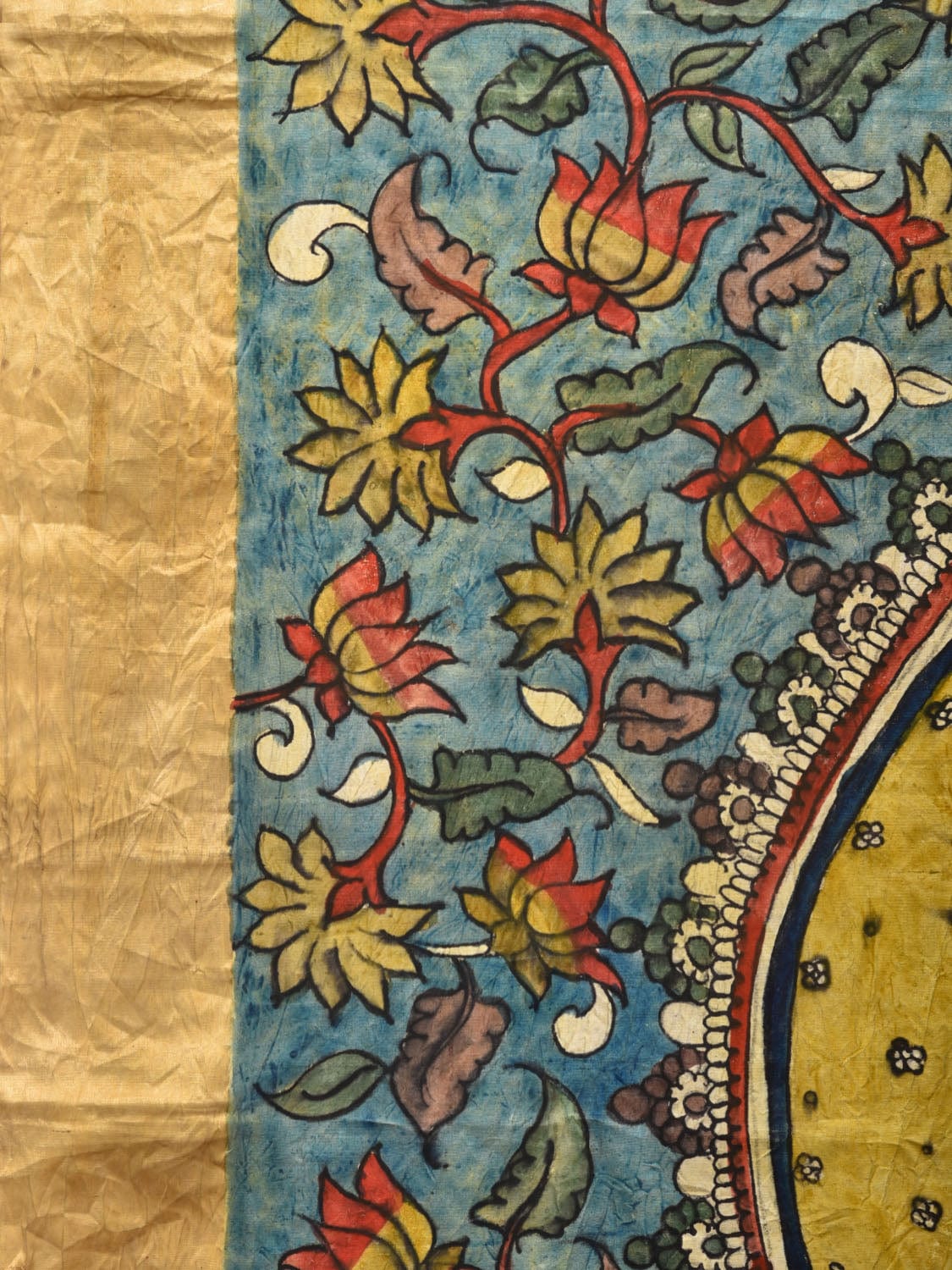 Blue and Red Kalamkari Hand Painted Ikat Silk Handloom Saree with Lotus and Krishna Design - Global Threads