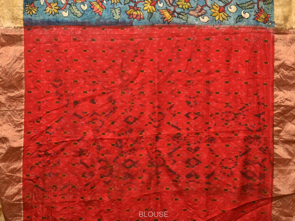 Blue and Red Kalamkari Hand Painted Ikat Silk Handloom Saree with Lotus and Krishna Design - Global Threads