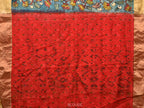 Blue and Red Kalamkari Hand Painted Ikat Silk Handloom Saree with Lotus and Krishna Design - Global Threads