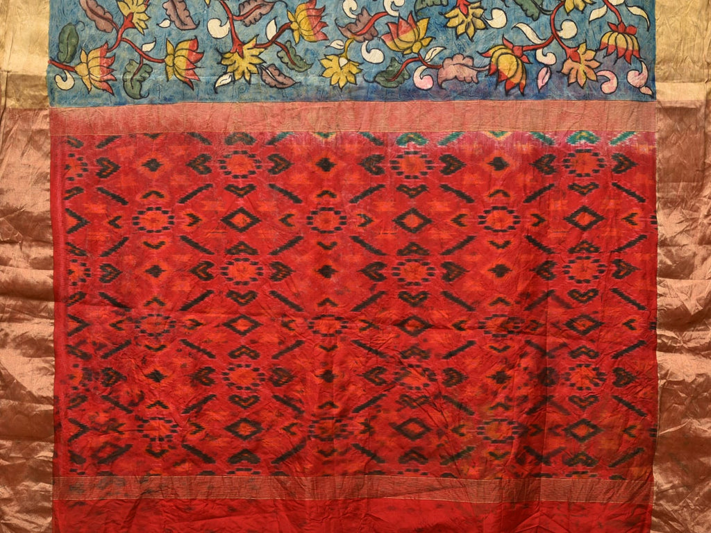 Blue and Red Kalamkari Hand Painted Ikat Silk Handloom Saree with Lotus and Krishna Design - Global Threads