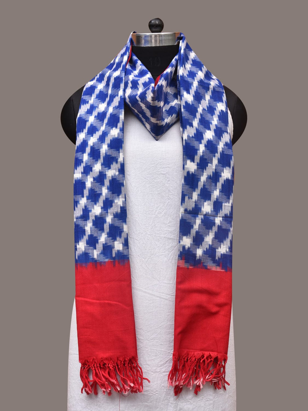 Blue and Red Pochamaplly Ikat Cotton Handloom Dupatta with Grill Design - Global Threads