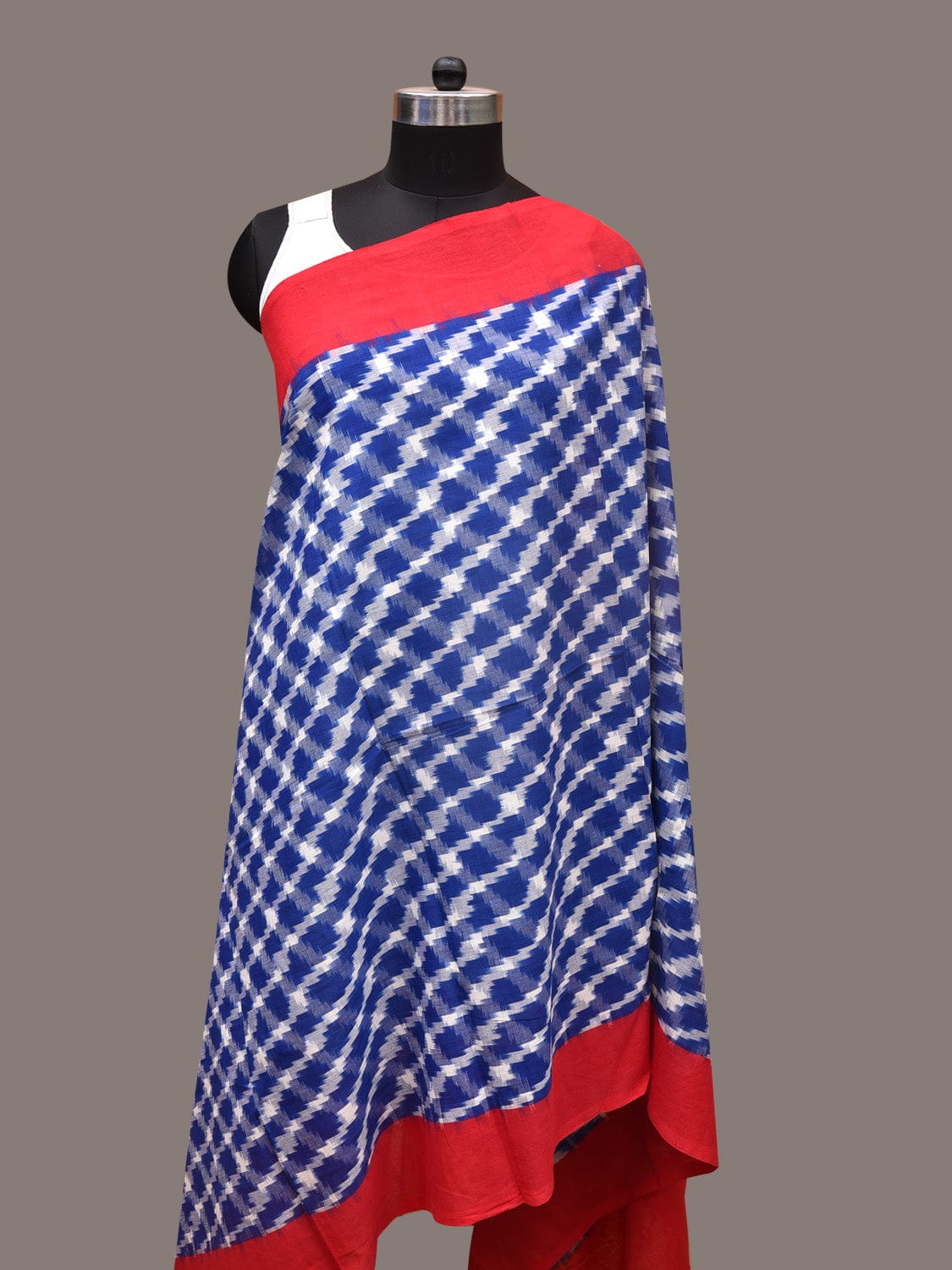 Blue and Red Pochamaplly Ikat Cotton Handloom Dupatta with Grill Design - Global Threads