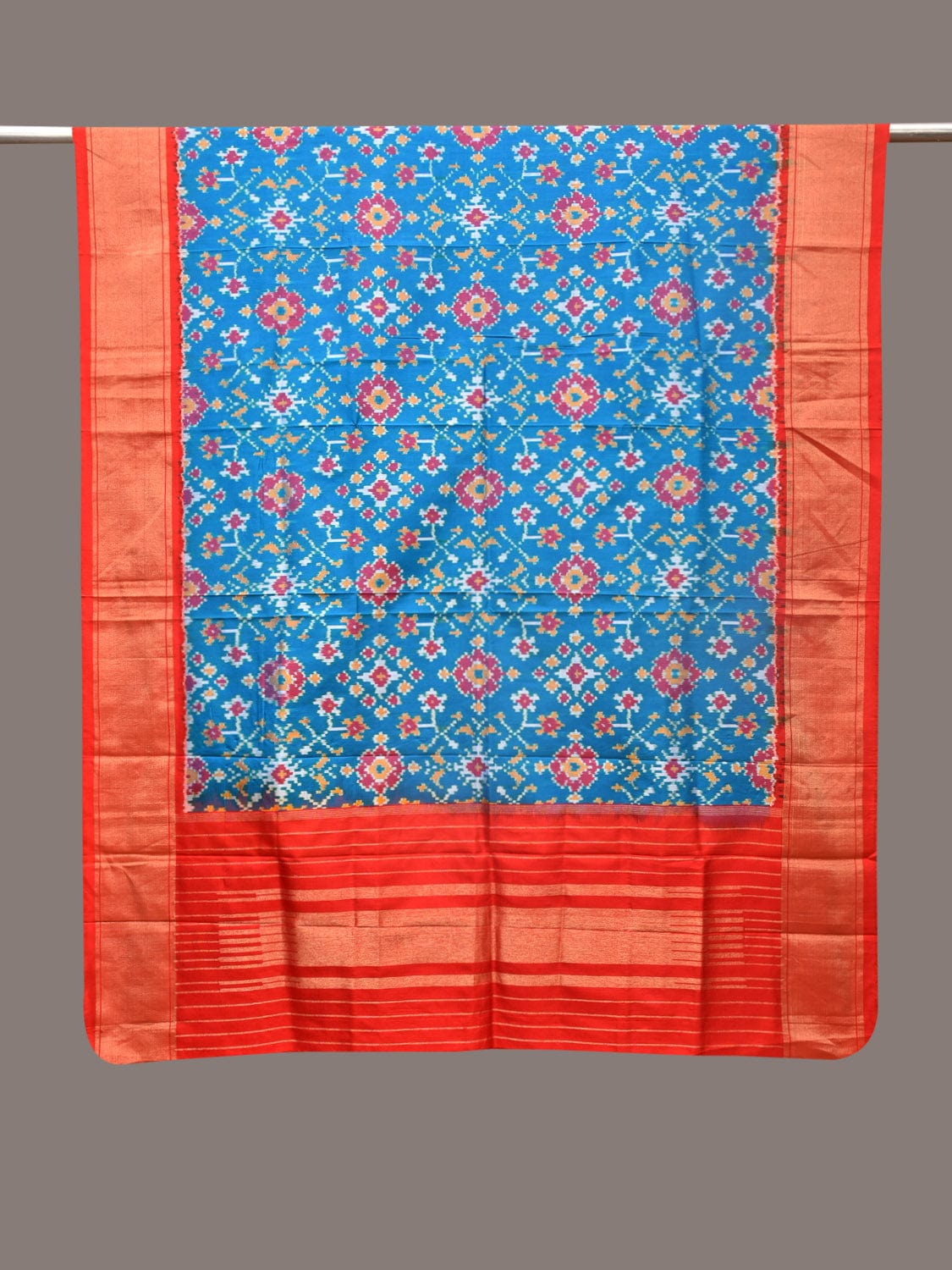Blue and Red Pochamaplly Ikat Silk Handloom Dupatta with Geometric Design - Global Threads