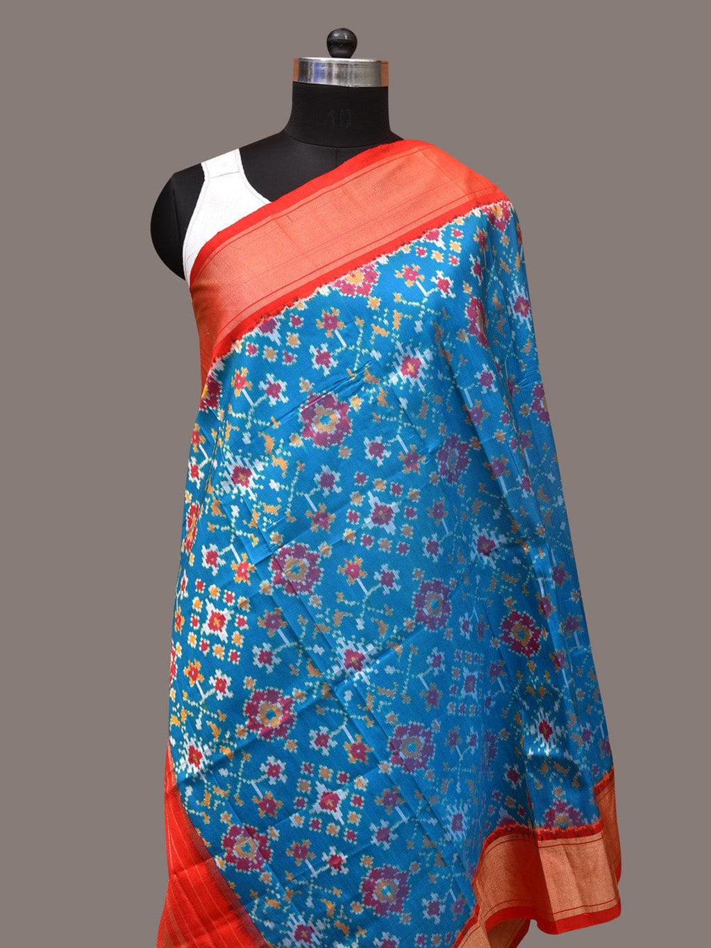 Blue and Red Pochamaplly Ikat Silk Handloom Dupatta with Geometric Design - Global Threads