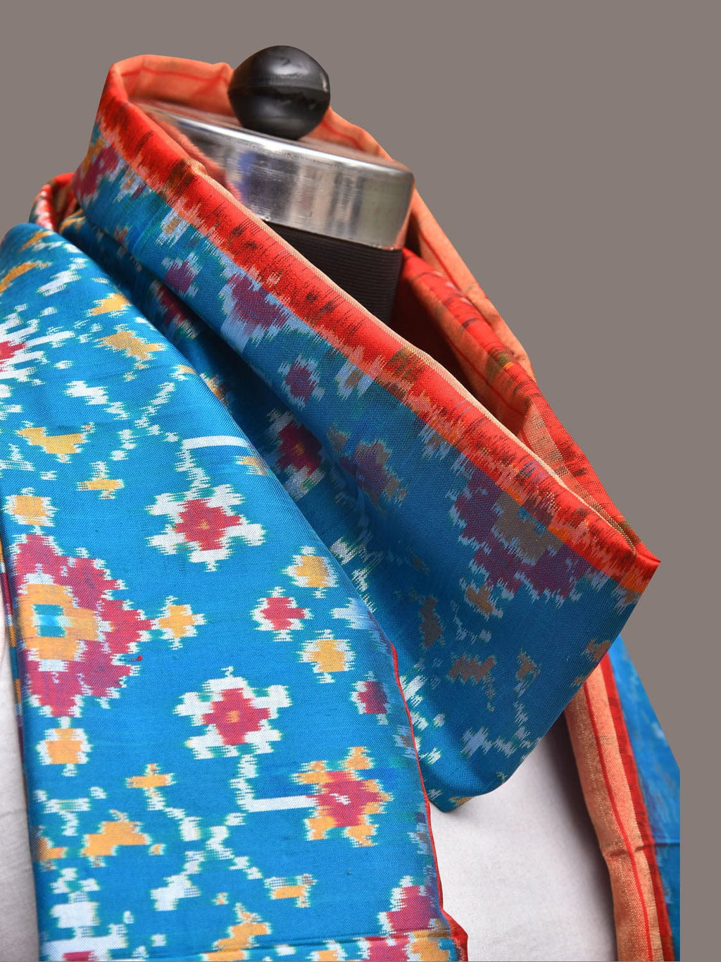 Blue and Red Pochamaplly Ikat Silk Handloom Dupatta with Geometric Design - Global Threads