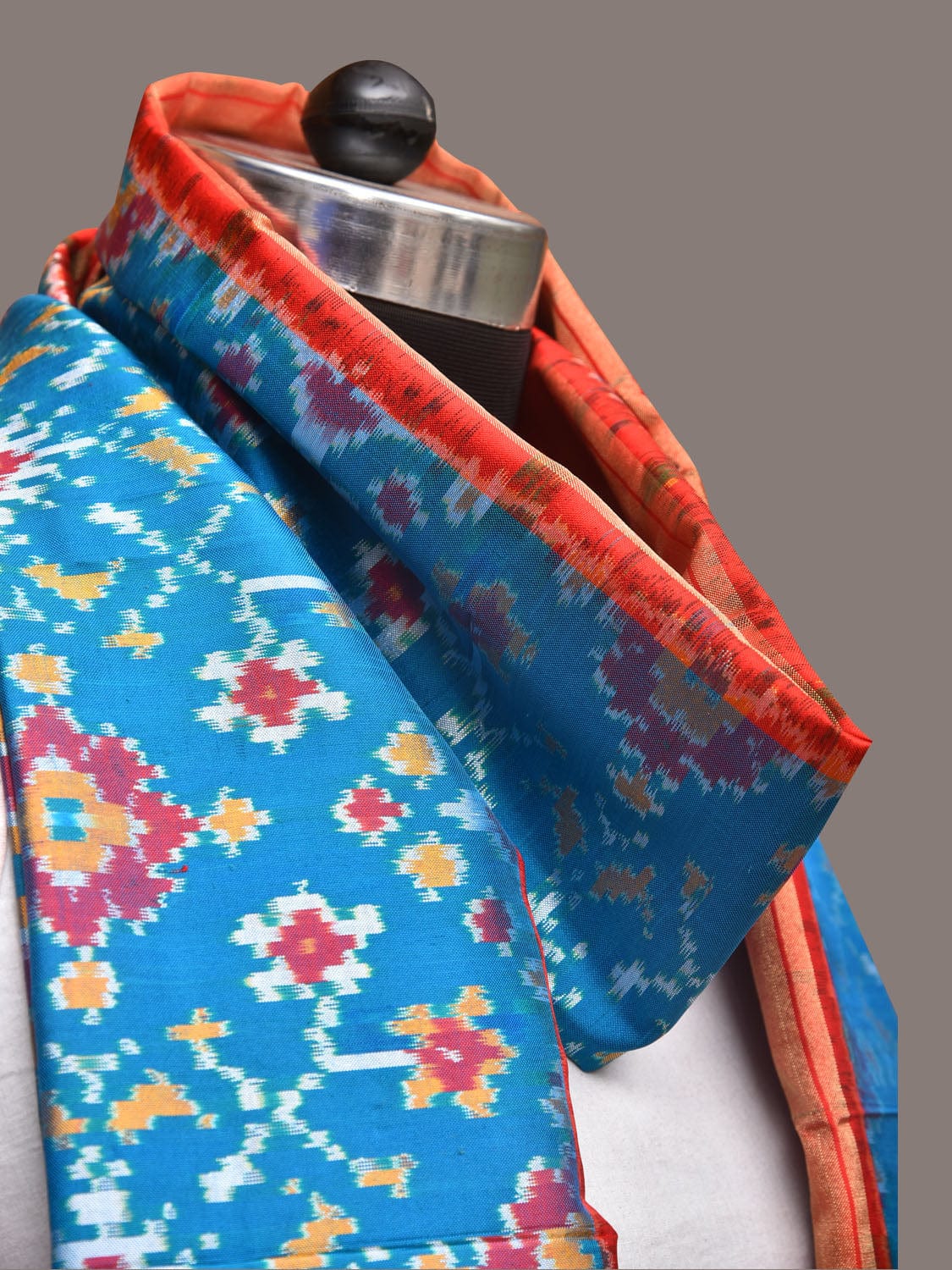 Blue and Red Pochamaplly Ikat Silk Handloom Dupatta with Geometric Design - Global Threads