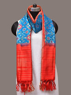 Blue and Red Pochamaplly Ikat Silk Handloom Dupatta with Geometric Design - Global Threads