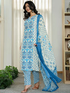 Yufta Blue And White Ethnic Motifs Straight Kurta Trouser Dupatta Set - Distacart