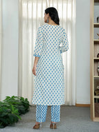 Yufta Blue And White Ethnic Motifs Straight Kurta Trouser Dupatta Set - Distacart
