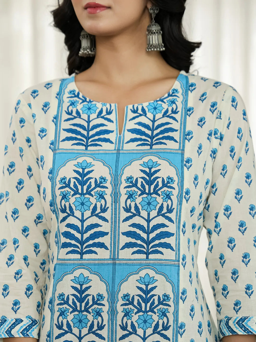 Yufta Blue And White Ethnic Motifs Straight Kurta Trouser Dupatta Set - Distacart