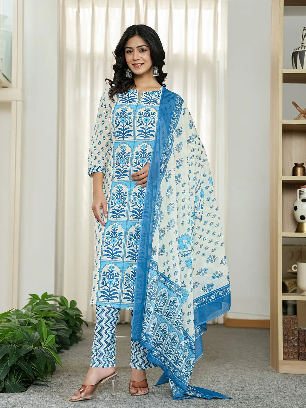 Yufta Blue And White Ethnic Motifs Straight Kurta Trouser Dupatta Set - Distacart