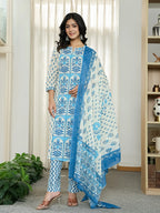 Yufta Blue And White Ethnic Motifs Straight Kurta Trouser Dupatta Set - Distacart
