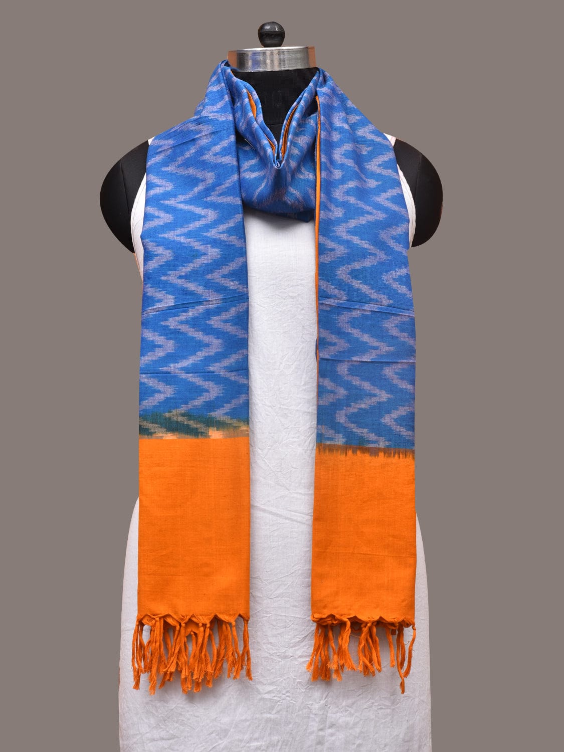 Blue and Yellow Pochamaplly Ikat Cotton Handloom Dupatta with Zig-Zag Design - Global Threads