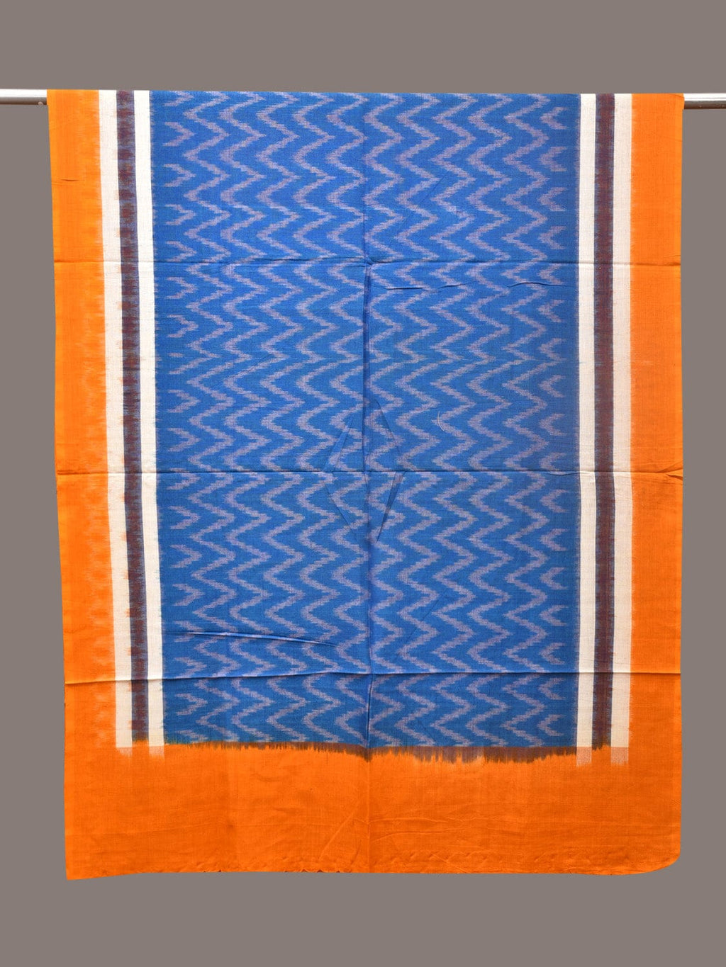 Blue and Yellow Pochamaplly Ikat Cotton Handloom Dupatta with Zig-Zag Design - Global Threads