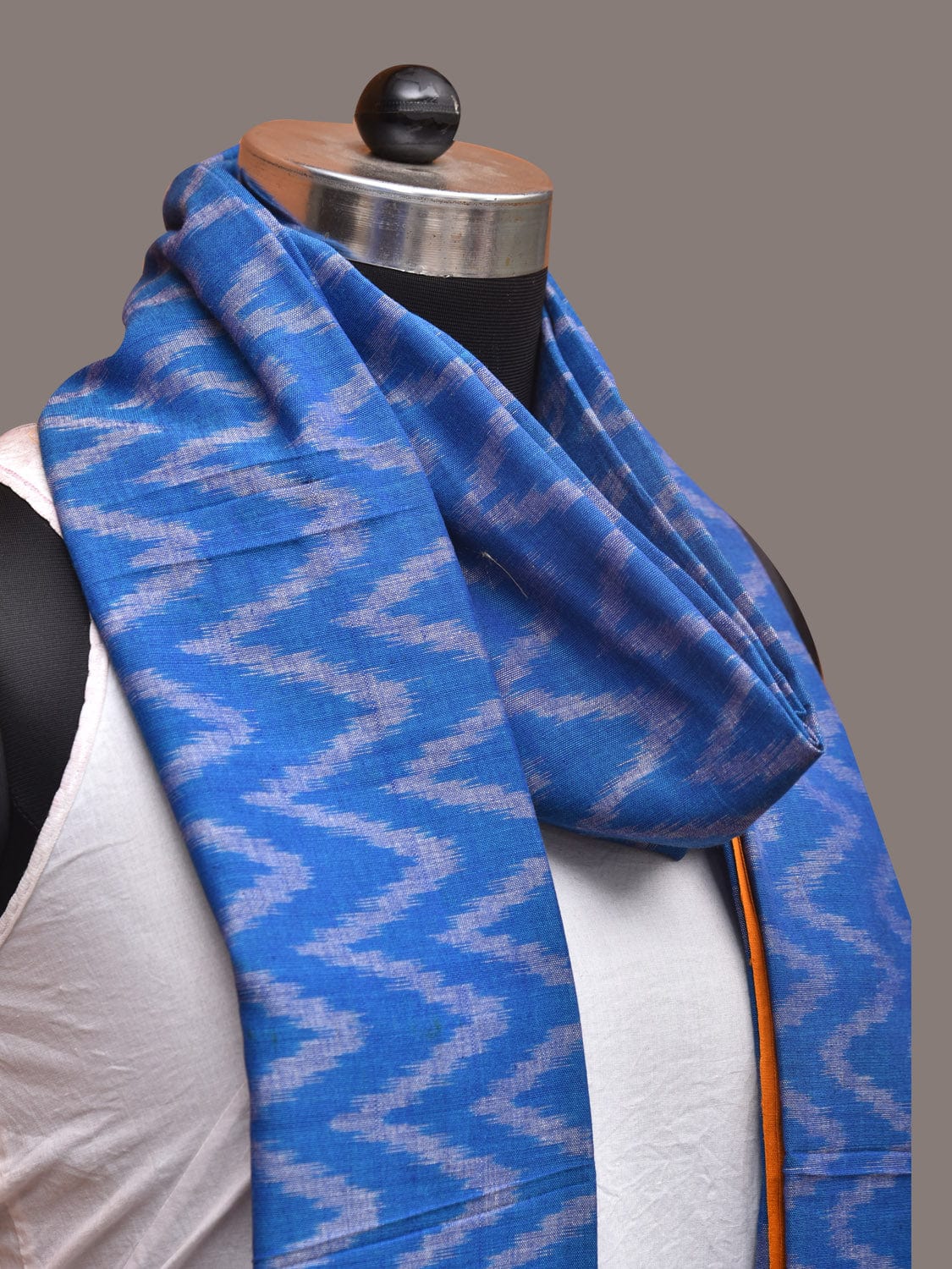 Blue and Yellow Pochamaplly Ikat Cotton Handloom Dupatta with Zig-Zag Design - Global Threads