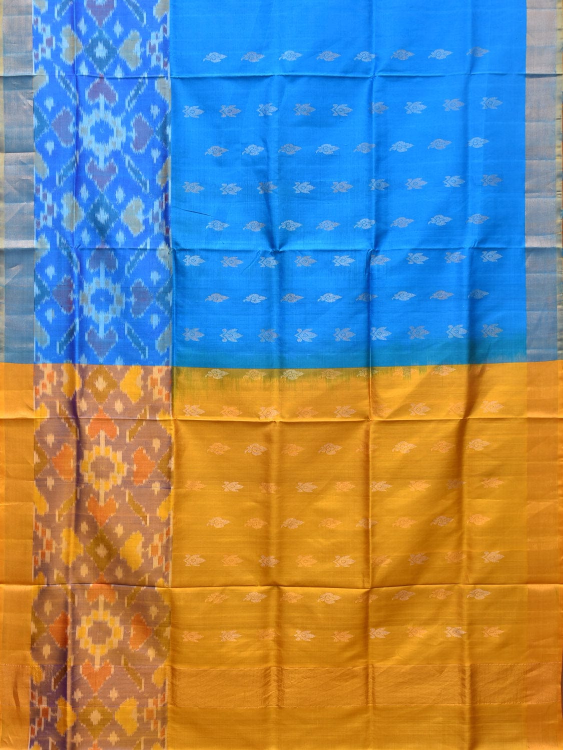 Blue and Yellow Uppada Silk Handloom Saree with Buta and Ikat Border Design - Global Threads