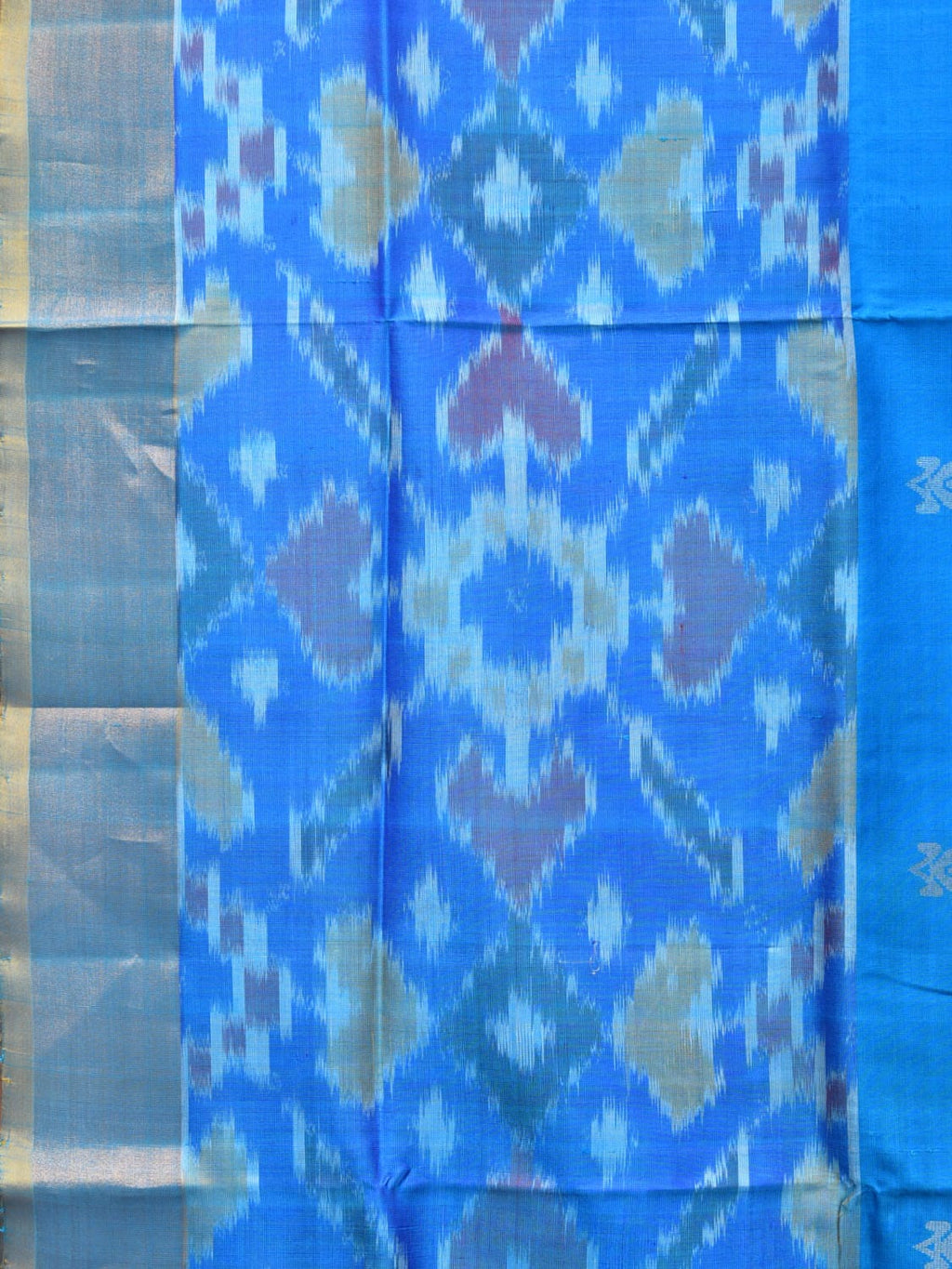 Blue and Yellow Uppada Silk Handloom Saree with Buta and Ikat Border Design - Global Threads