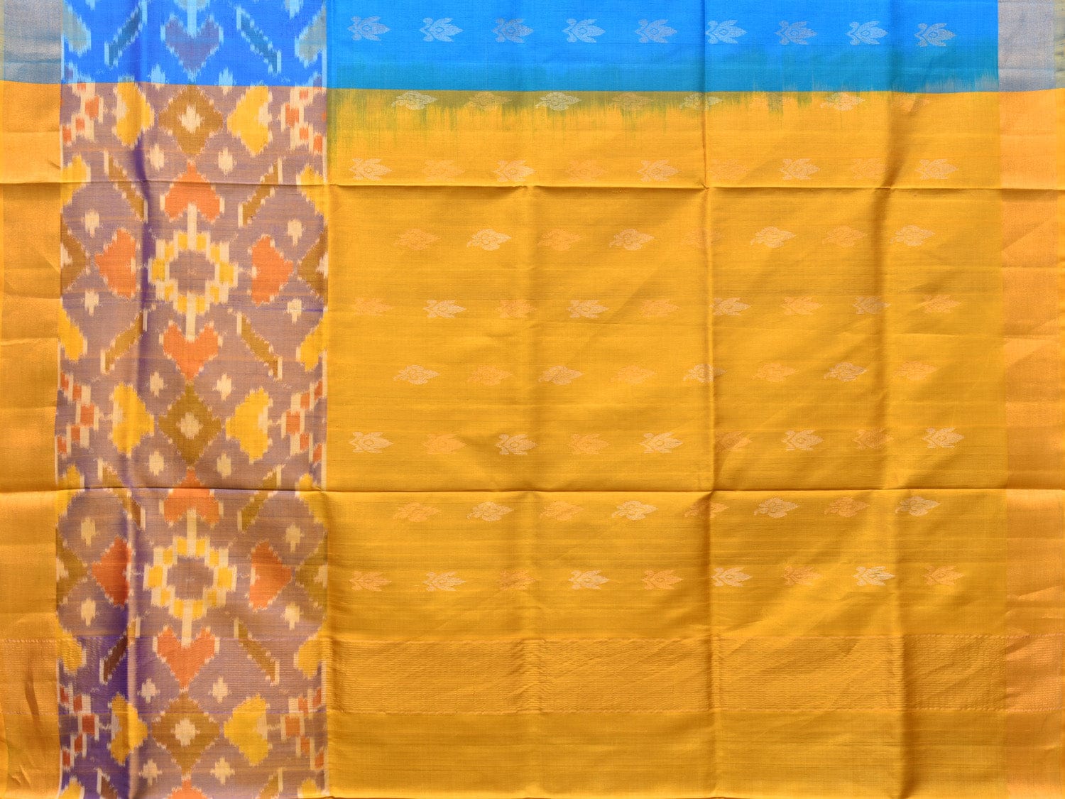 Blue and Yellow Uppada Silk Handloom Saree with Buta and Ikat Border Design - Global Threads