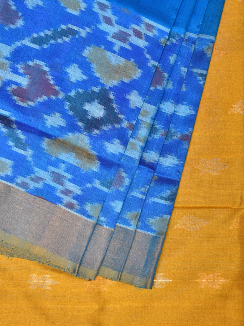 Blue and Yellow Uppada Silk Handloom Saree with Buta and Ikat Border Design - Global Threads