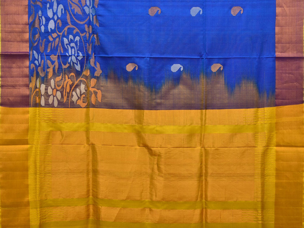 Blue and Yellow Uppada Silk Handloom Saree with One Side Border Design - Global Threads