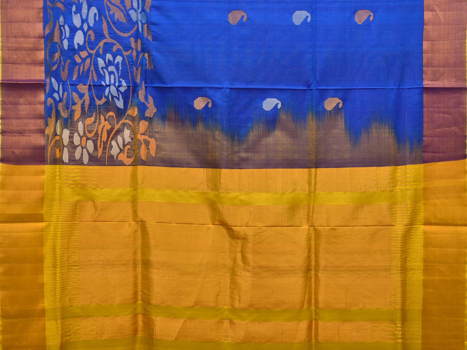 Blue and Yellow Uppada Silk Handloom Saree with One Side Border Design - Global Threads