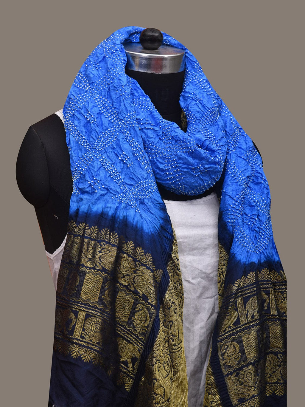 Blue Bandhani Kanchipuram Silk Handloom Dupatta with Border Design - Global Threads