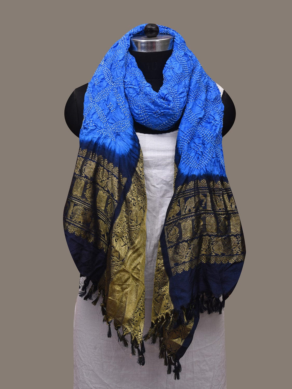 Blue Bandhani Kanchipuram Silk Handloom Dupatta with Border Design - Global Threads