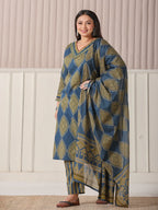 Yufta Blue Block Print Cotton Lace Work Plus Size Kurta Set With Pant & Dupatta
