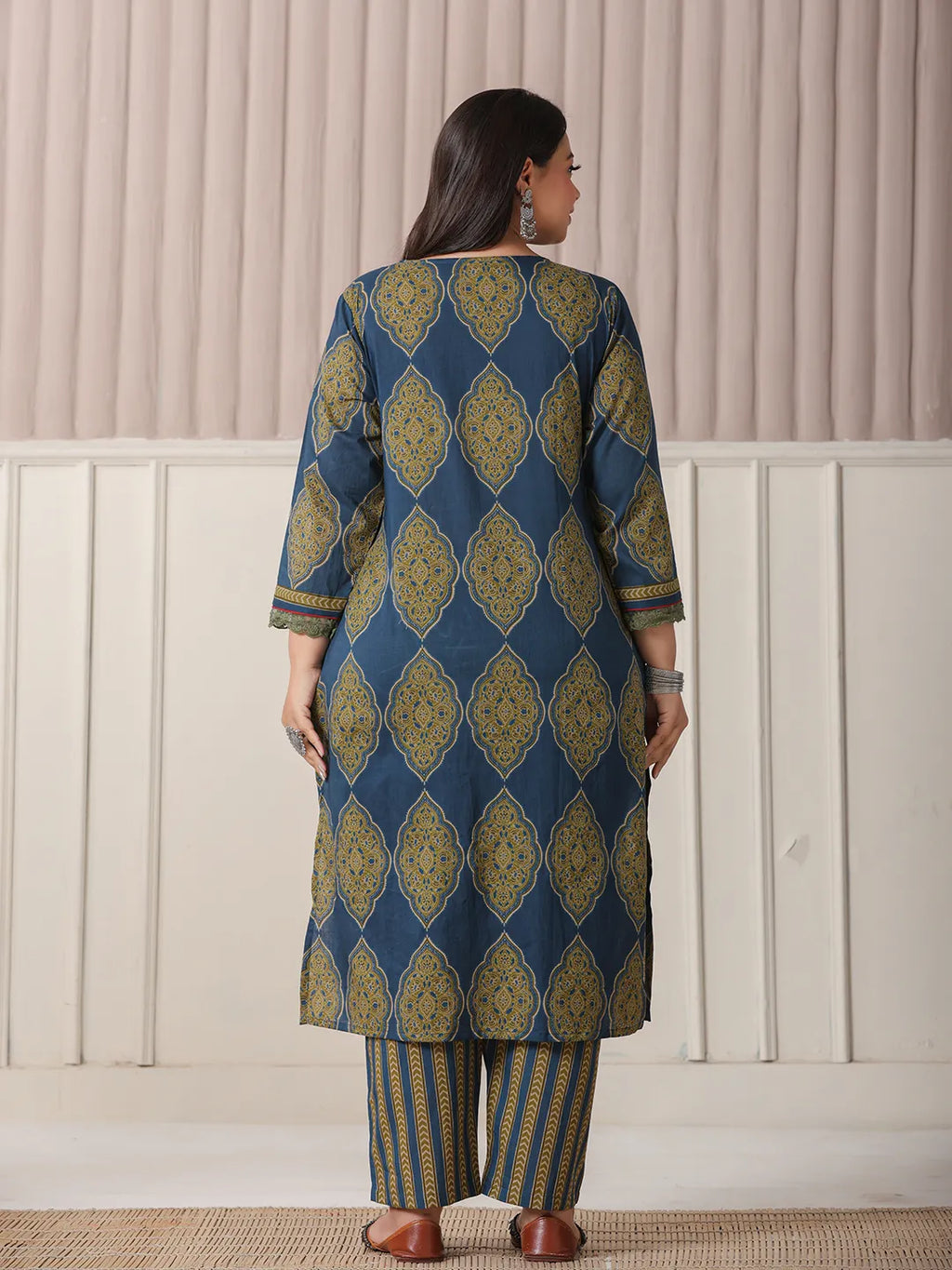Yufta Blue Block Print Cotton Lace Work Plus Size Kurta Set With Pant & Dupatta