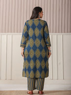 Yufta Blue Block Print Cotton Lace Work Plus Size Kurta Set With Pant & Dupatta