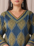 Yufta Blue Block Print Cotton Lace Work Plus Size Kurta Set With Pant & Dupatta