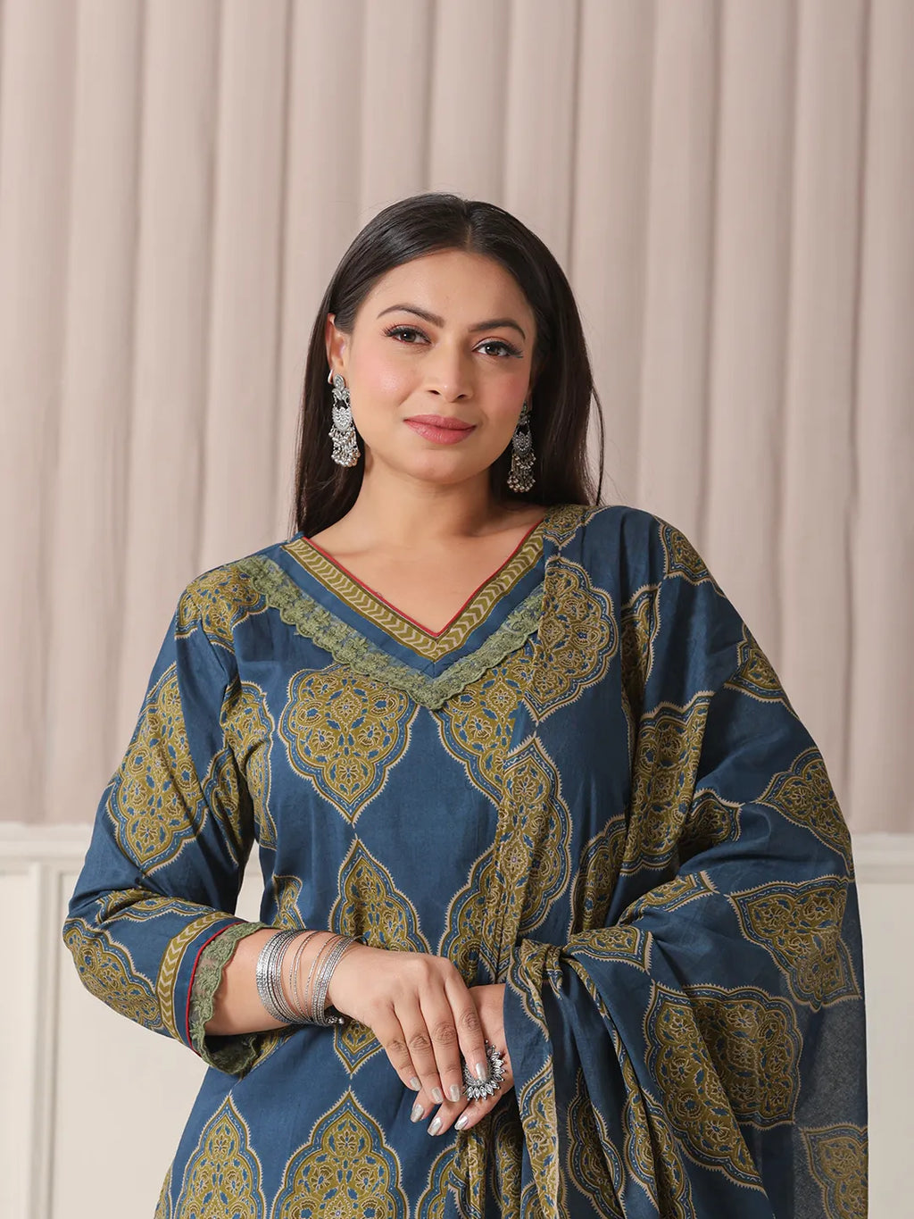 Yufta Blue Block Print Cotton Lace Work Plus Size Kurta Set With Pant & Dupatta